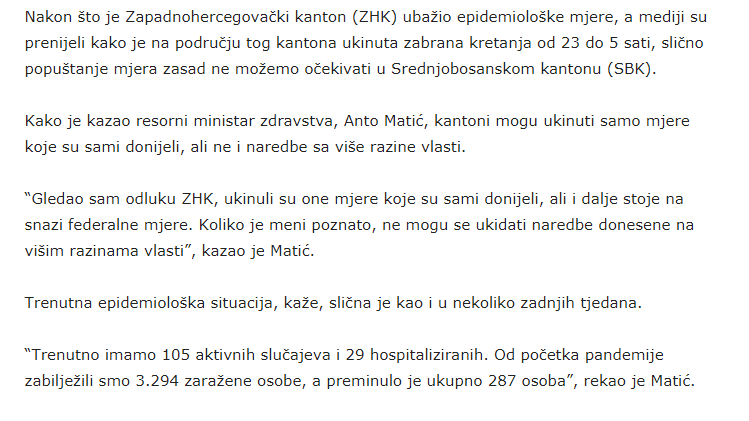 U SBK nema ublažavanja epidemioloških mjera / Trenutno na području našeg kantona ima 105 aktivnih slučajeva