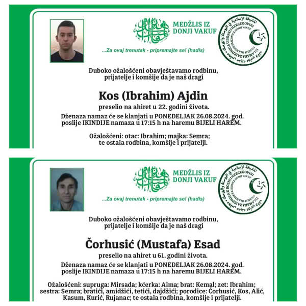 Sutra dženaza Čorhusić Esadu i Kos Ajdinu, Donjovakufljanima koji su se utopili u rijeci Plivi